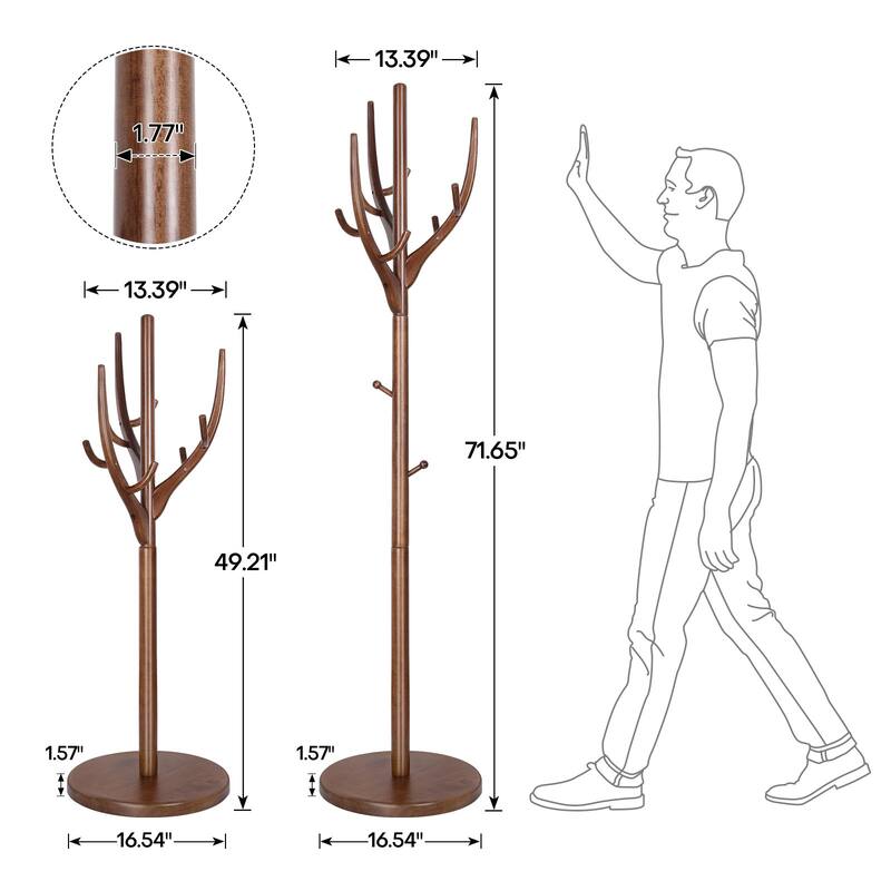 Adjustable Tree-branch Coat Rack Freestanding, Rubberwood Coat Tree - 16.54"Dia. x 71.65"H