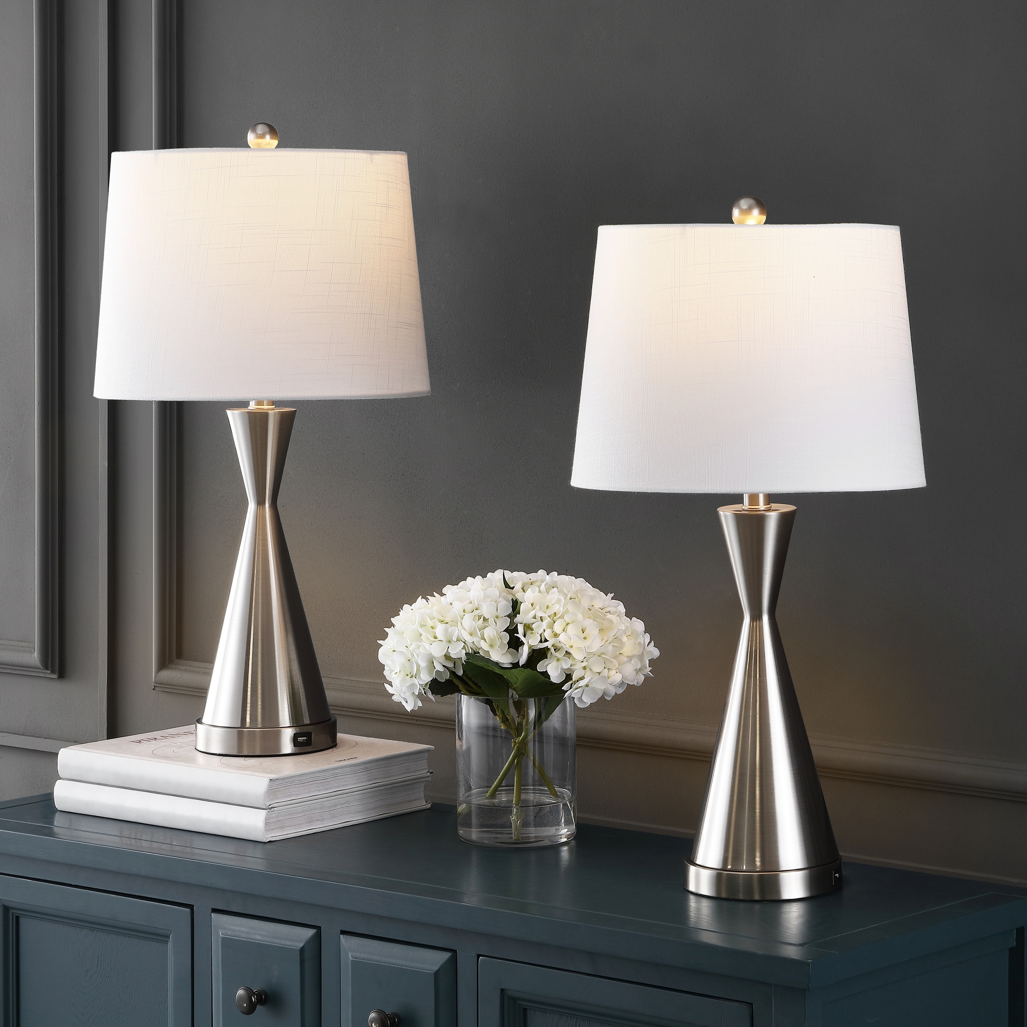 JONATHAN Y Roman 26" Classic French Country Iron LED Table Lamp with USB Charging Port, Nickel (Set of 2)