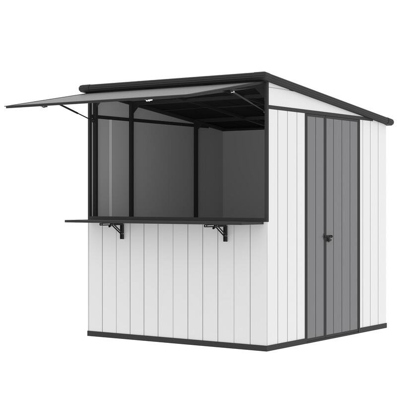 7x6 FT Outdoor Metal Storage Shed, Foldable Bar Counter & Hydraulic Overhang, Lockable Backyard Cabana - 7x6 FT