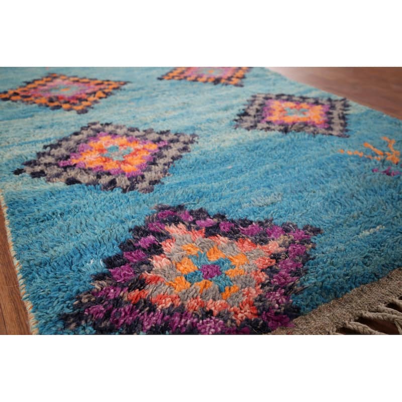 Plush Geometric Blue Moroccan Accent Rug Hand-Knotted Wool Carpet - 3'1" x 5'7"