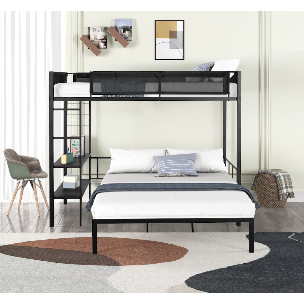 Twin over Full Metal Bunk Bed with Shelves, Grid Panel & Separable Full Bed Frame