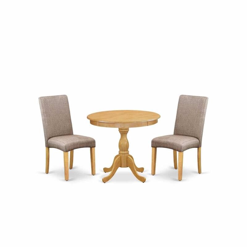 3-Piece Natural Oak Finish Solid Wood Top - Round Dining Room Set with High Back - Seats 4