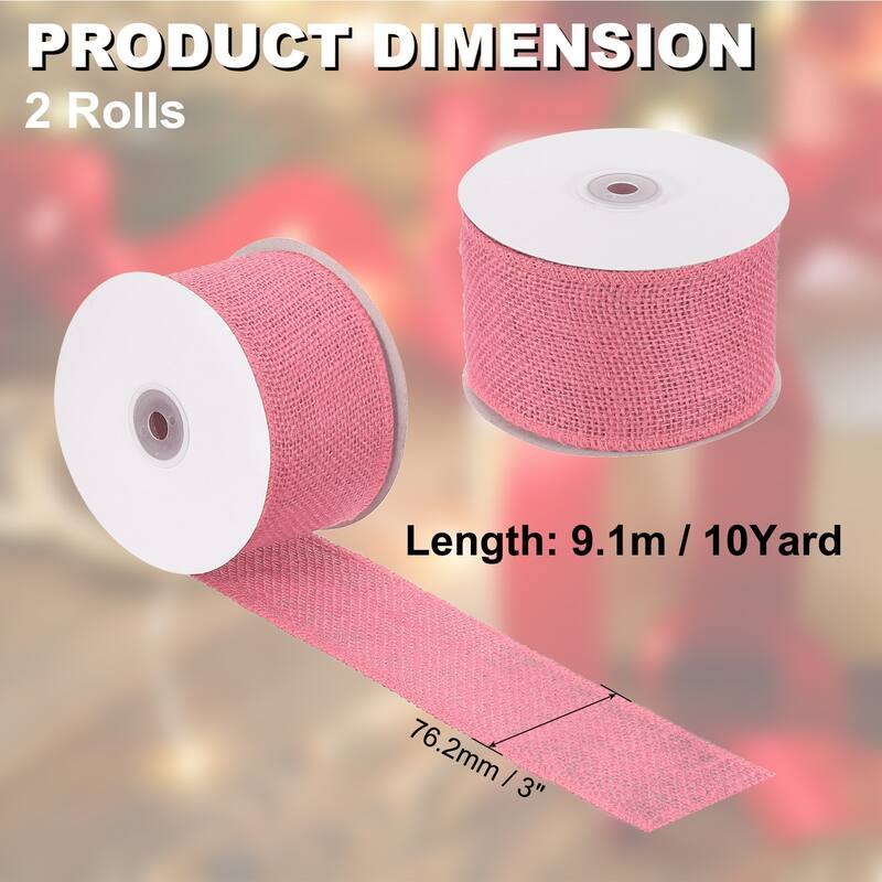 Burlap Fabric Ribbon 2pcs Jute Crafts Roll Wrapping - Pink - 3 Inch x 10 Yards