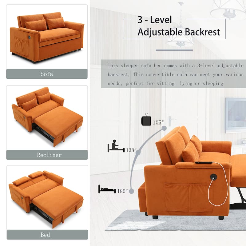 55" Velvet 2-Seater Convertible Sofa Bed, 3-in-1 Pull-Out Loveseat with Adjustable Backrest, USB Ports, Side Pockets