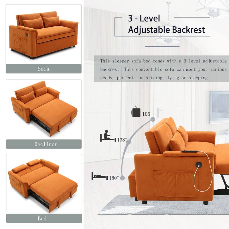 55"Velvet Two Seater Pull Out Sofa Bed,Adjustable Backrest With Usb Ports,3 In 1 Convertible Sleeper Sofa Bed,2 Waist Pillows