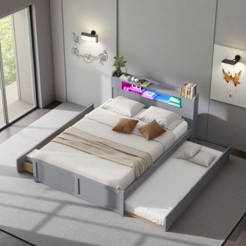 Queen Platform Bed with LED Headboard, 2 Under-Bed Drawers & Twin Trundle, Wooden Storage Bed Frame Design