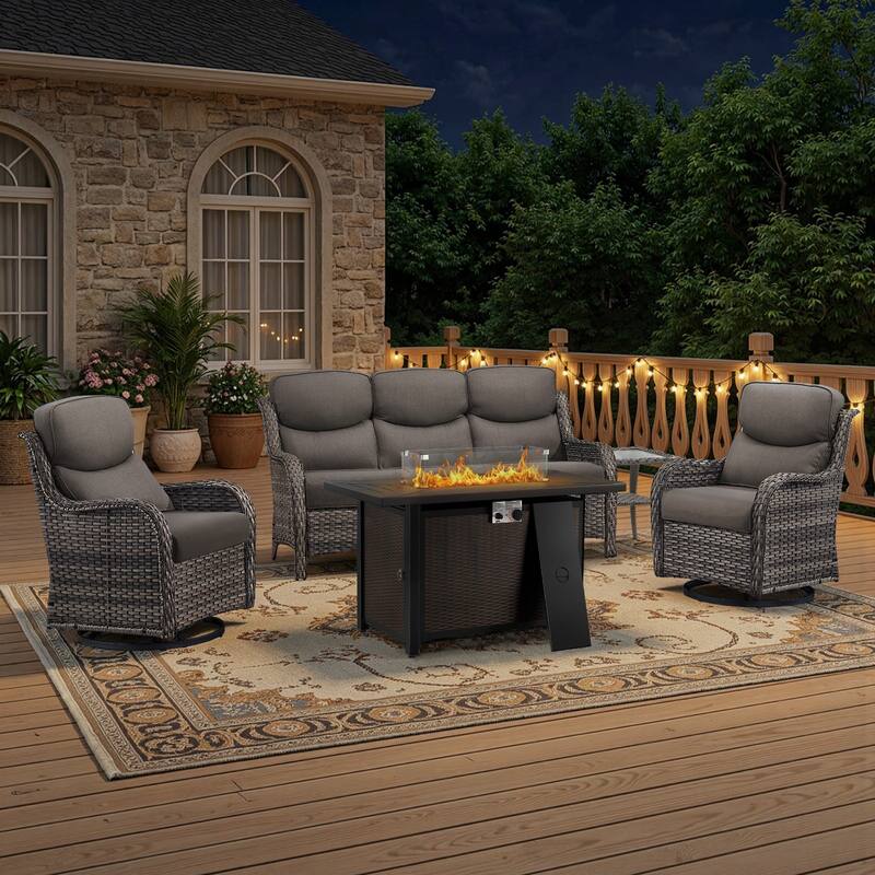 Meyreso 5-Piece Outdoor Patio Metal Fire Pit Wicker Conversation Set with 5-Inch Thick Olefin Cushions - Gray Cushions - Gray Wicker