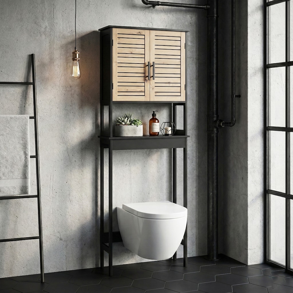 Over The Toilet Storage Cabinet with Double Vented Doors and Open Shelf, Black and Brown - Bergen Collection