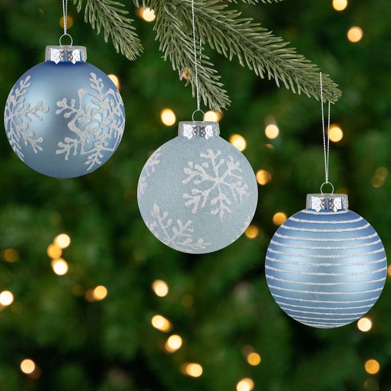 12ct Light Blue Glitter Textured Glass Christmas Ball Ornaments 1.75"
