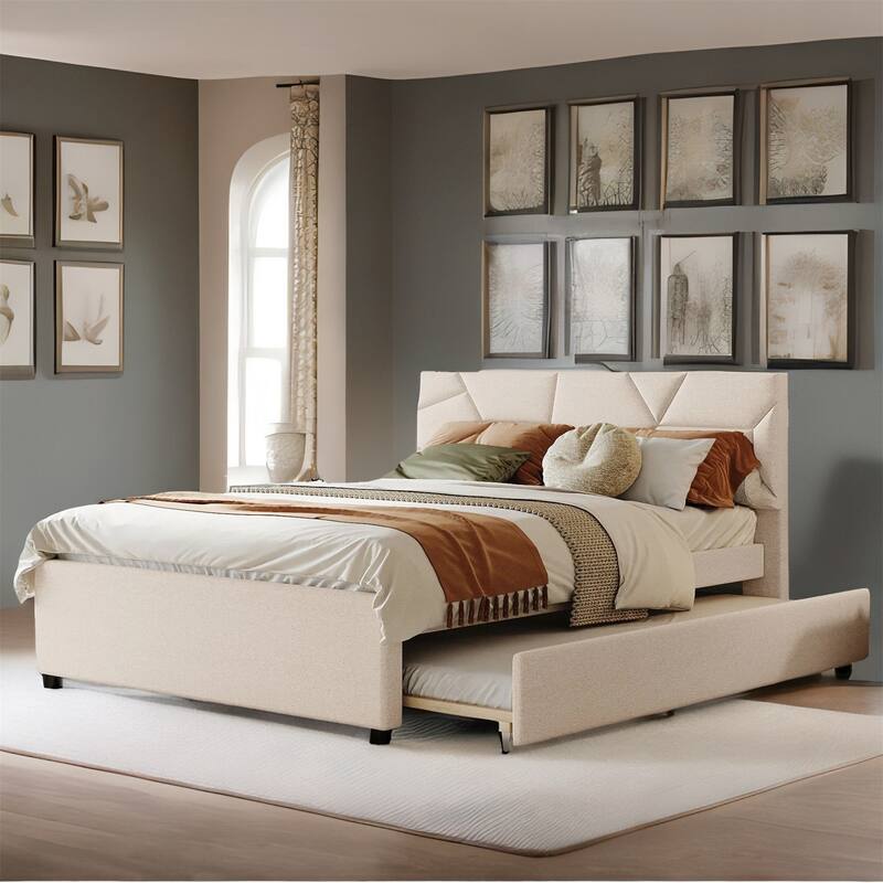Queen Size Upholstered Platform Bed with Twin Size Trundle