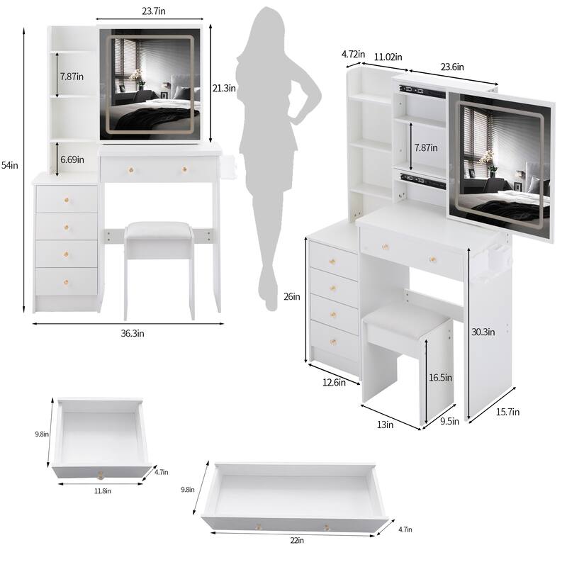 37" Middle Size Left Bedside Cabinet Vanity Table + Cushioned Stool Dresser Set, 2 AC+2 USB Socket, Hair Dryer Stand