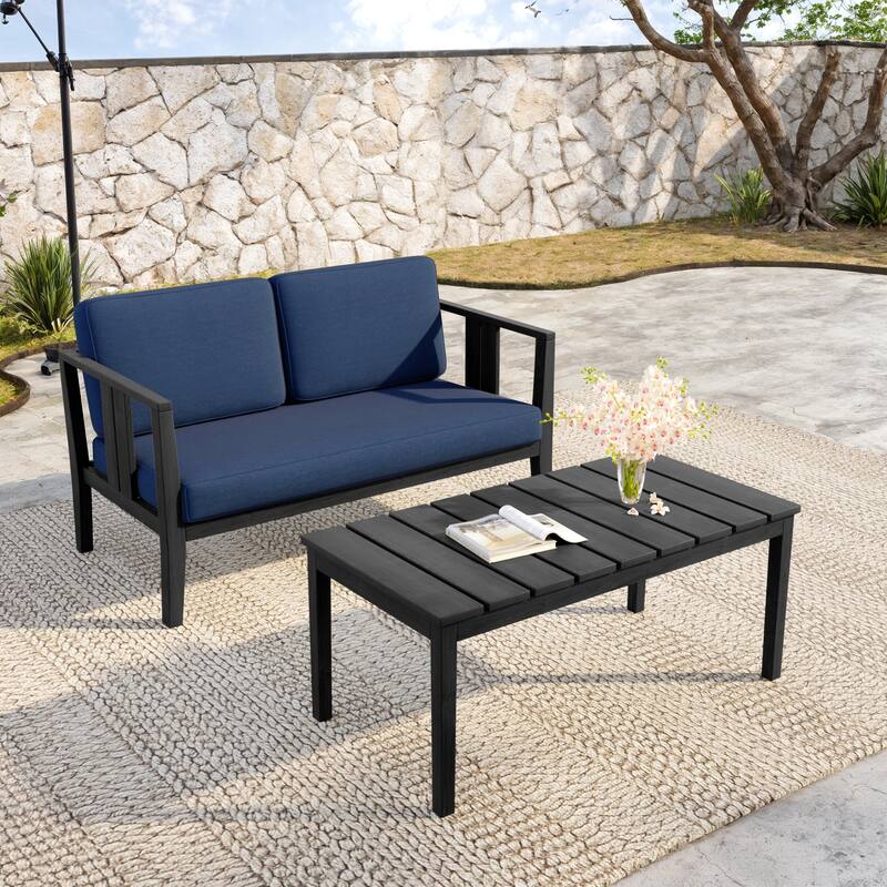 Teak Wood Water Resistant Outdoor Loveseat and Coffee Table Set (Set of 2)