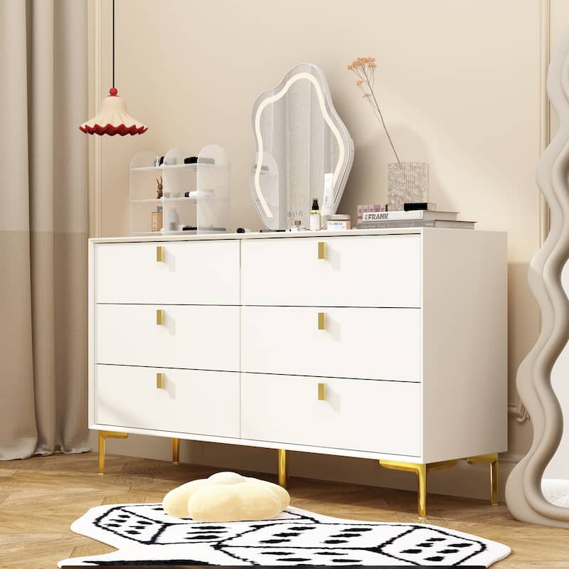 Dresser 6 Drawer Wood Dresser for Bedroom with Storage Modern Gold