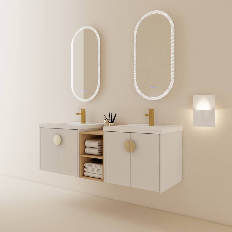 59.6-Inch Wall-Mounted Vanity with Scratch-Resistant Plywood Base and Two Ceramic Basins - 59.6in L