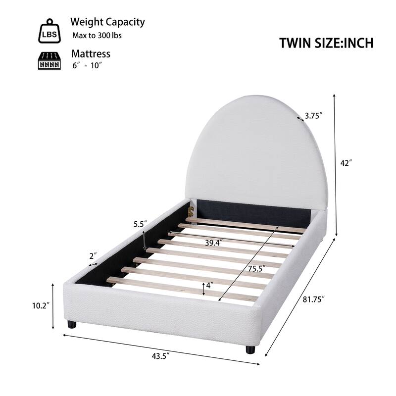 Twin/Queen/King Boucle Upholstered Bed Frame with Curved Half-Round Headboard, Platform Design, No Box Spring Needed