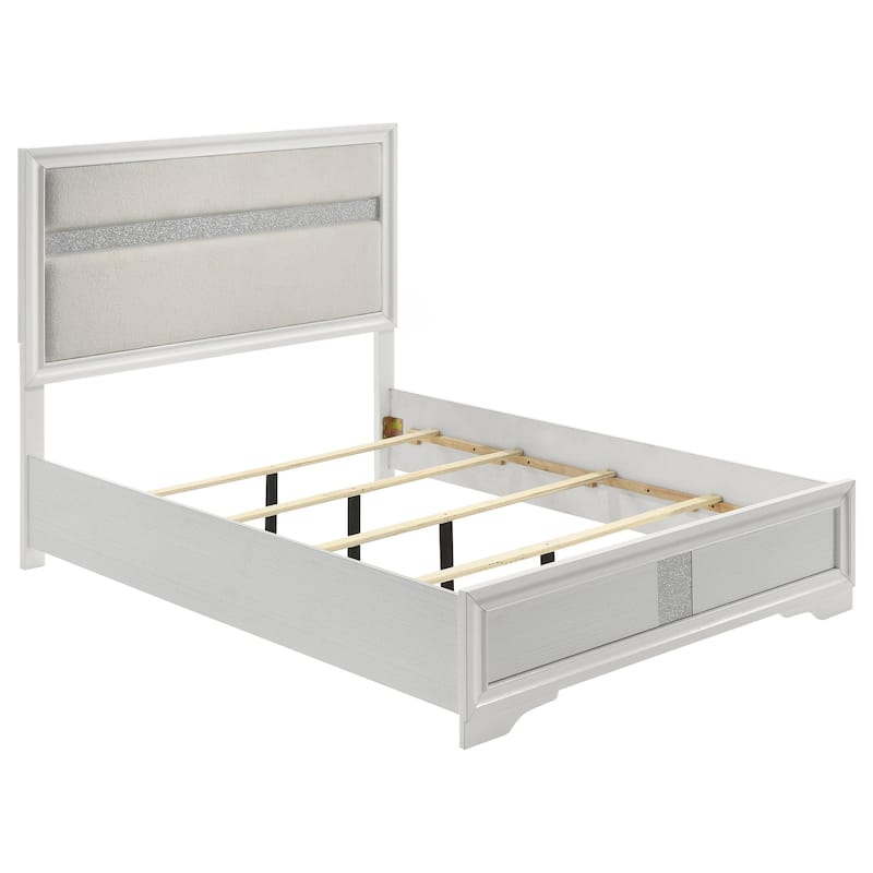 Vino Queen Size Bed, Panel Headboard White Upholstery, Glitter Stripe