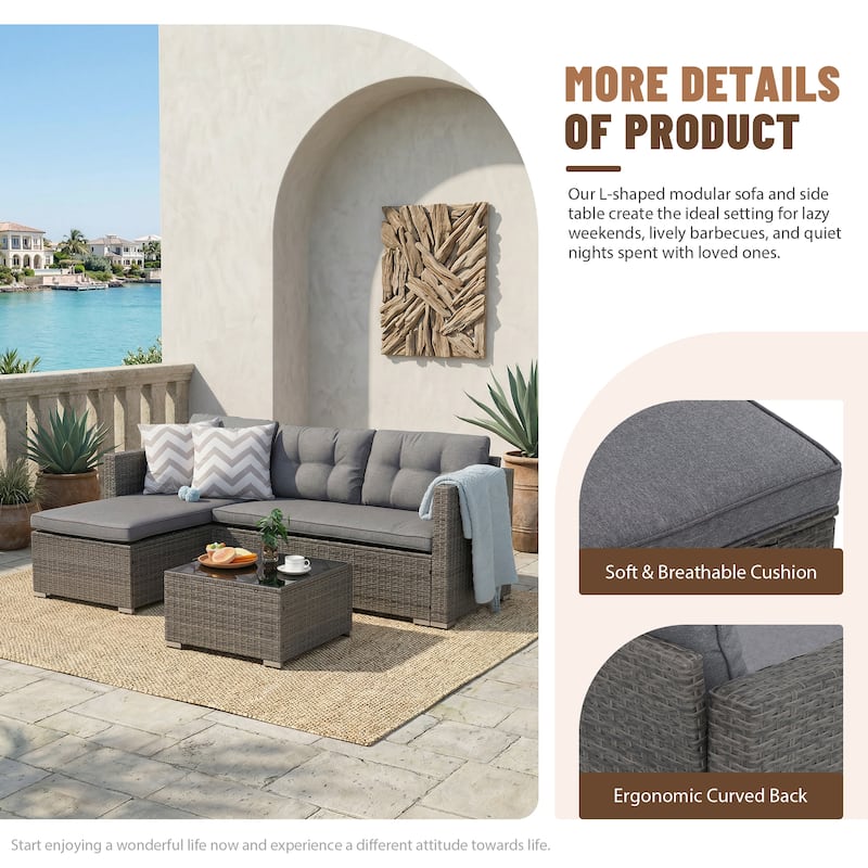 L-Shaped Outdoor Sectional Sofa, PE Wicker Patio Sofa Set with Table and Cushions
