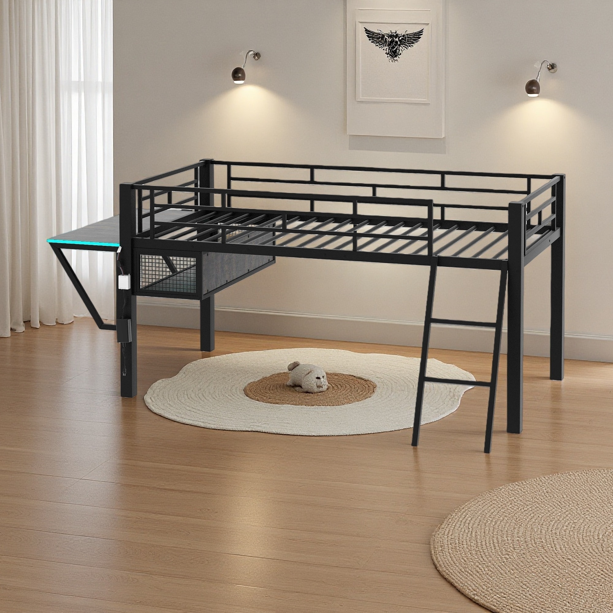 Twin Gaming Mid Loft Bed with Desk & LED Lights