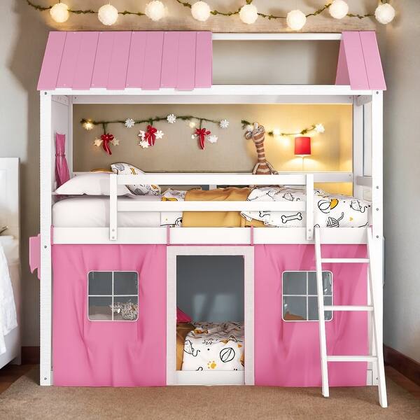 slide 2 of 9, Modren Twin over Twin Wood Bunk Bed House Bed With Elegant Windows,Sills and Tent For Bedroom Pink+White