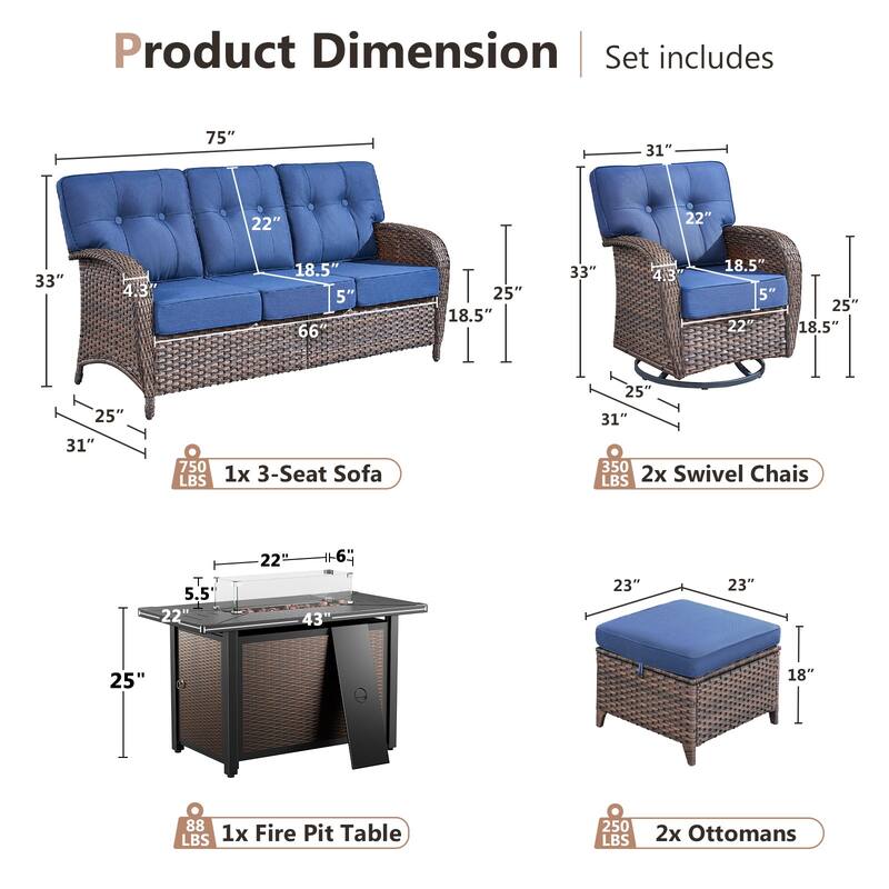Pocassy Outdoor 43 In Fire Table with Sofa Patio Swivel Chair Set