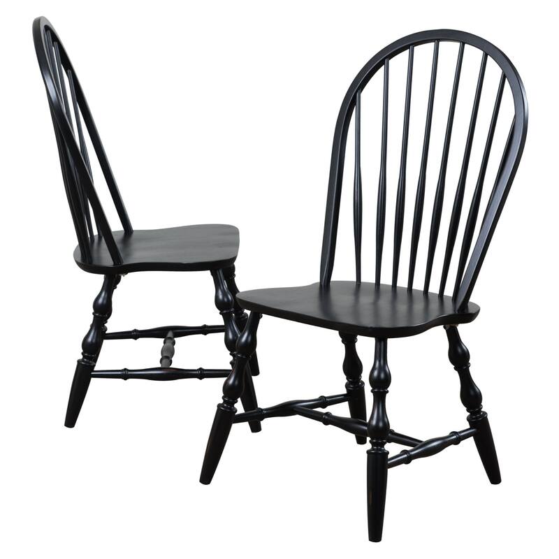 set of 2 antique black curved spindle back wooden dining chairs 41"