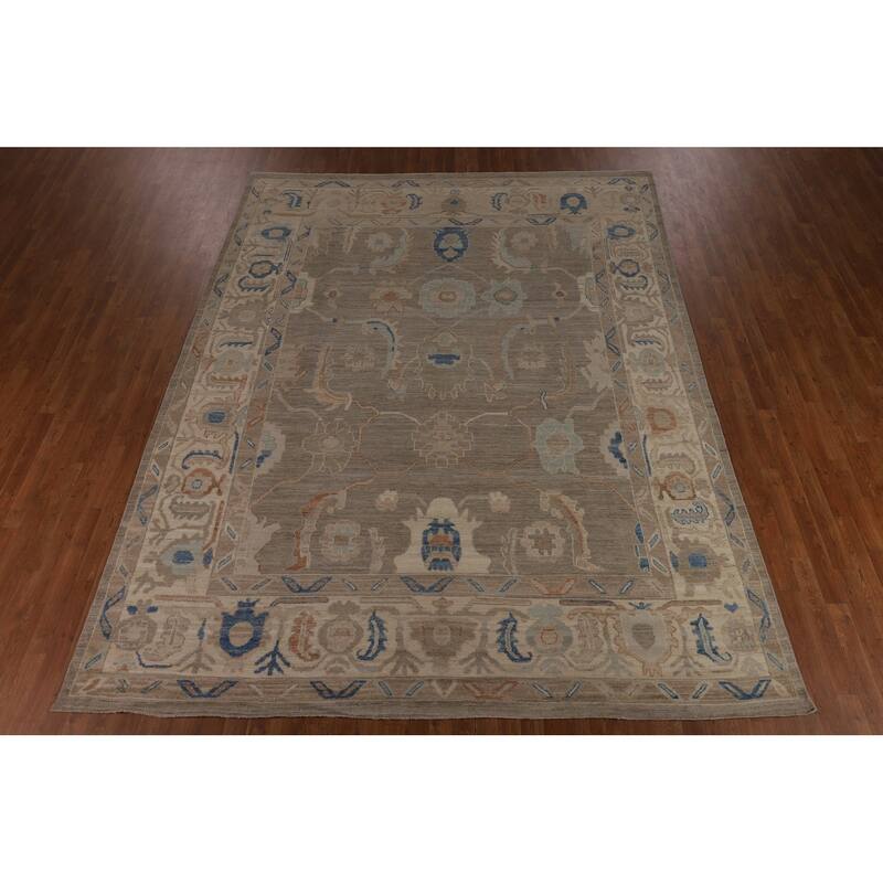 Transitional Oushak Turkish Rug Handmade Beige Oriental Wool Carpet - 9'1"x 11'9"