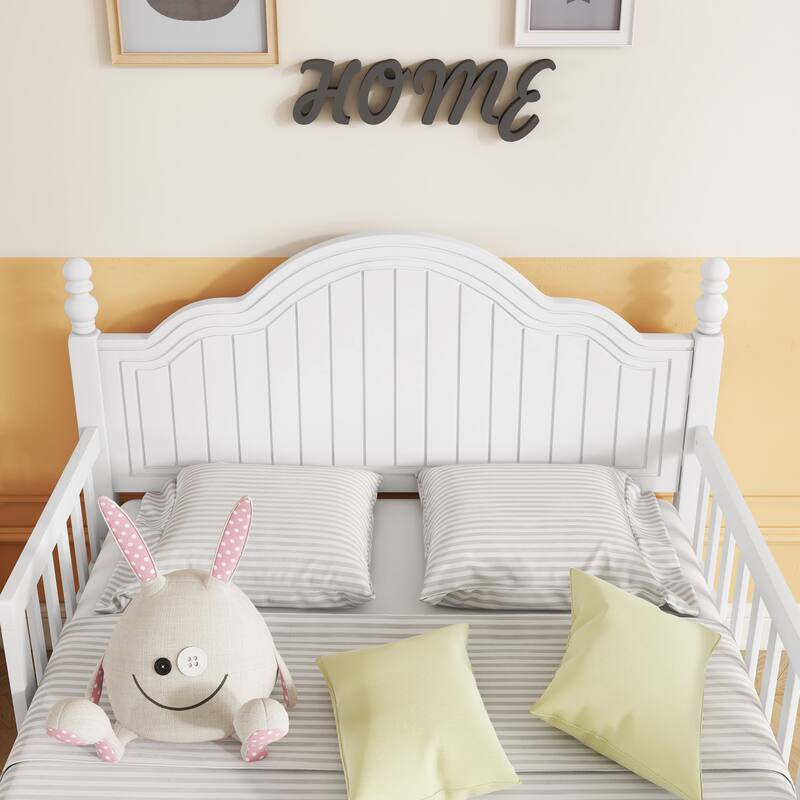 White Twin Size Wood Platform Bed with Headboard, Footboard, and Safety Guardrails for Kids