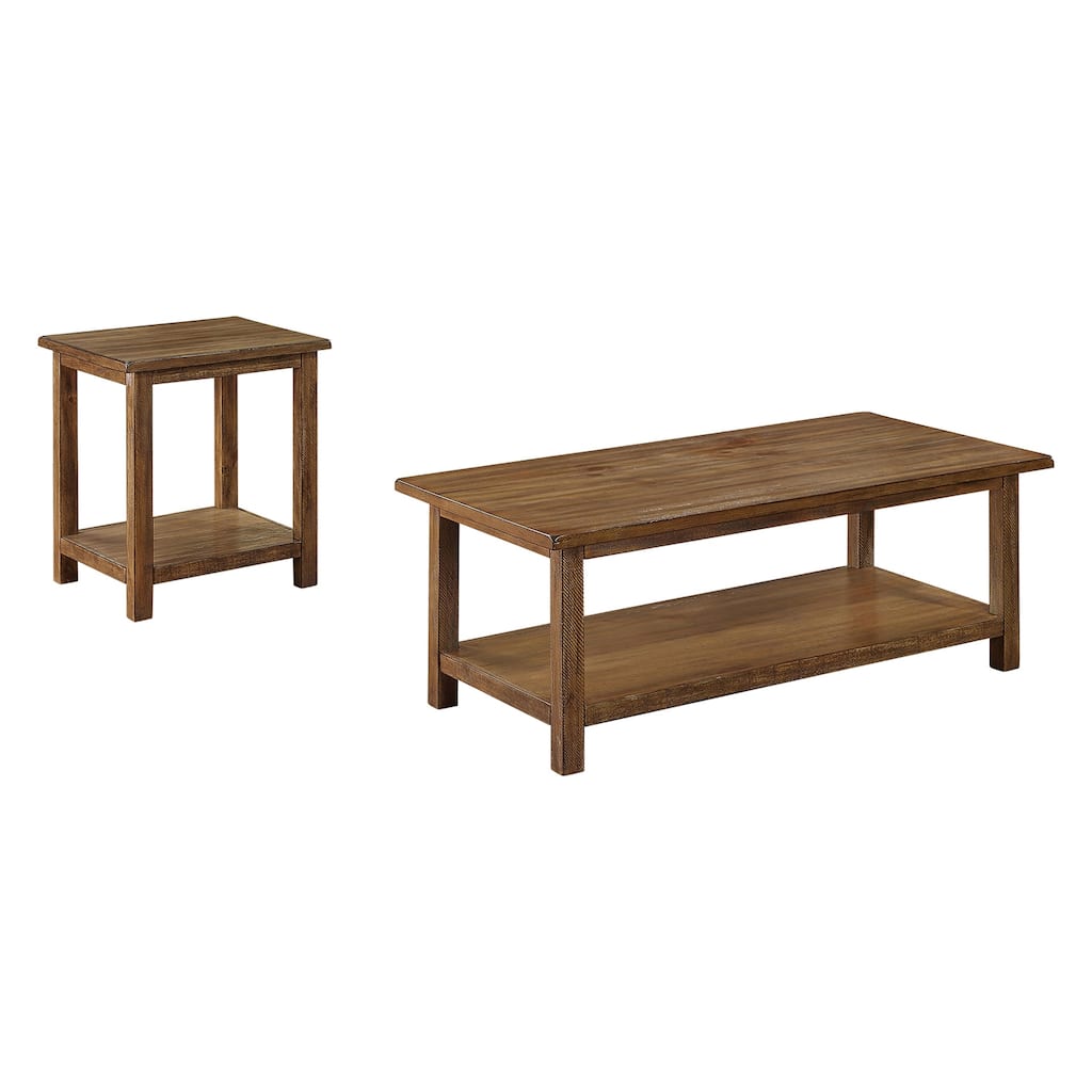 2 Piece Wooden Table Set with 2 Open Shelves in Distressed Brown - 2 Piece