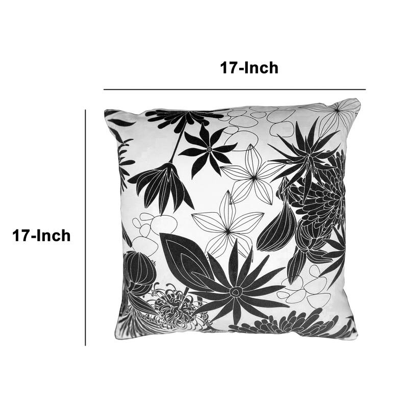 17 x 17 Inch Decorative Square Cotton Accent Throw Pillow with Classic Floral Print, Black and