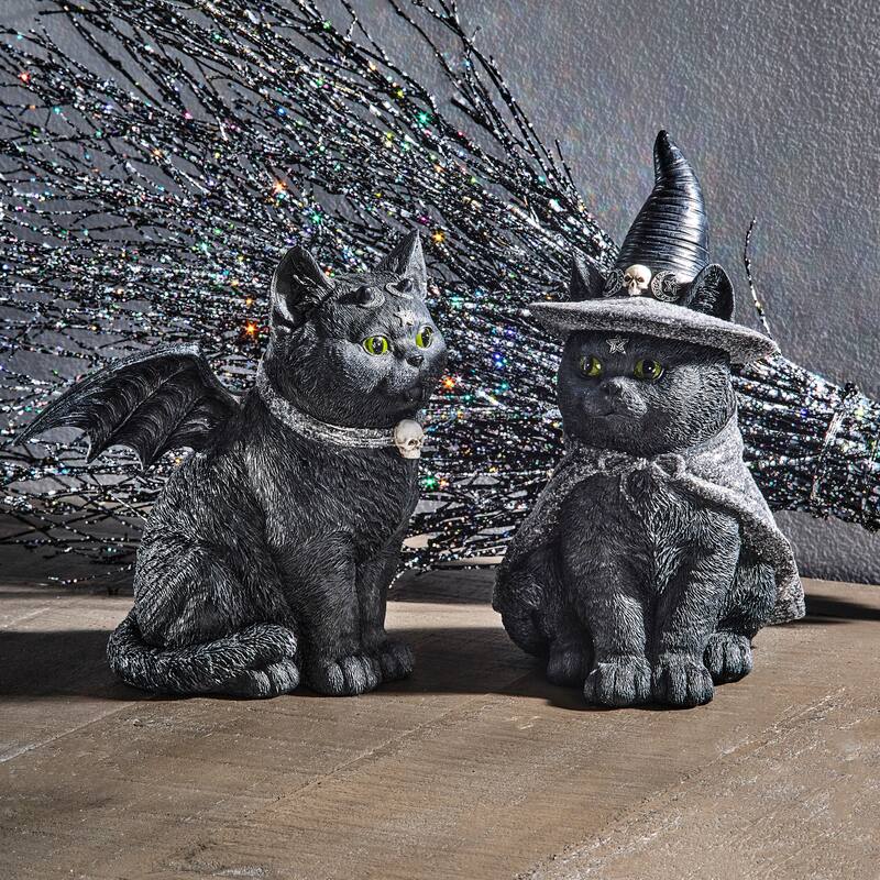 8.5" Resin Black Cat Witch Bat Set of 2