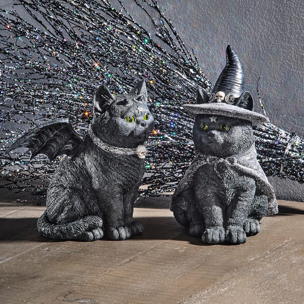 8.5" Resin Black Cat Witch Bat Set of 2
