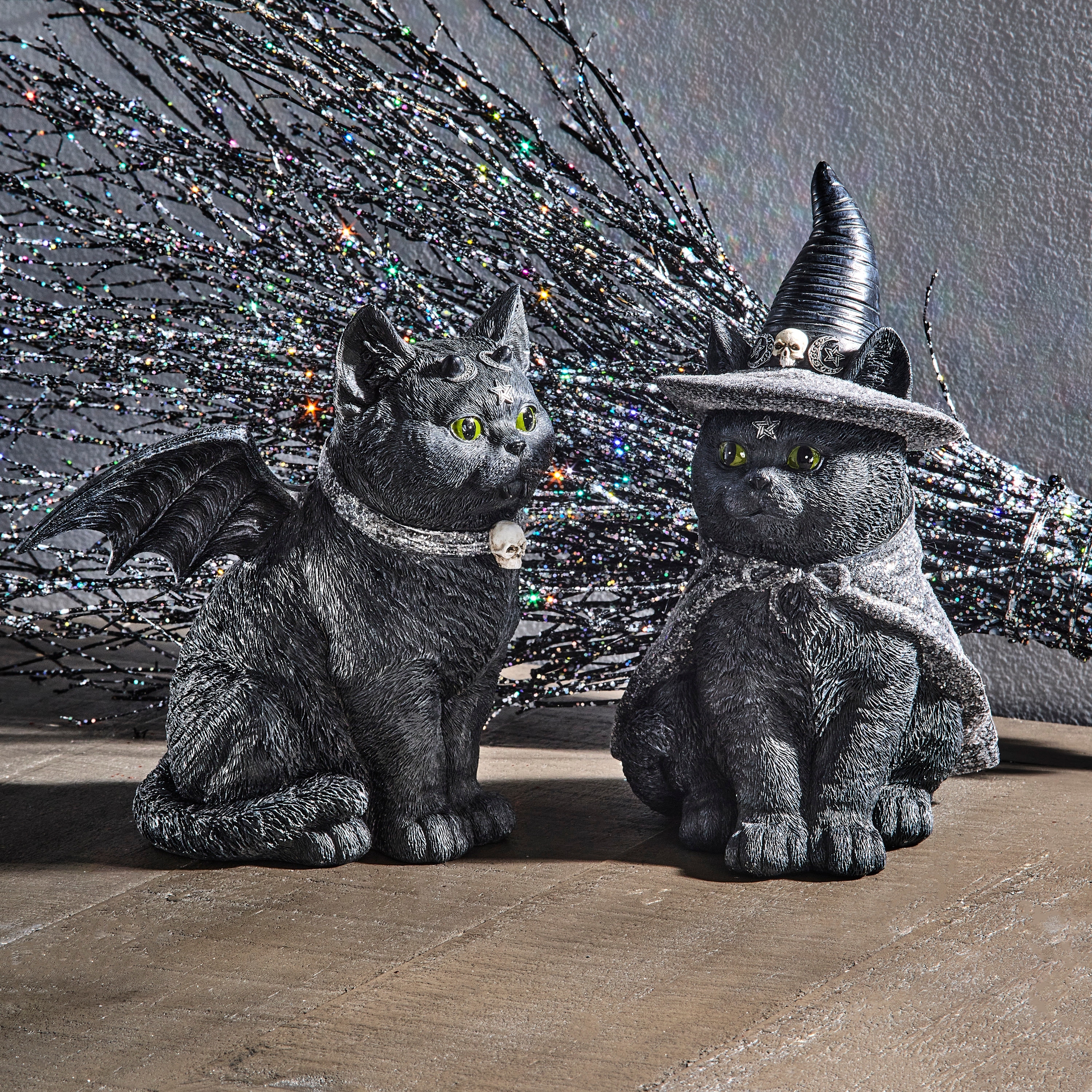 8.5" Resin Black Cat Witch Bat Set of 2