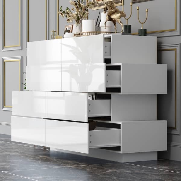 white eight drawer dresser New Classic Tamarack Eight-drawer Gold handles and feet add a refined look that helps the cabinet stand out in any room High Gloss White Eight-Drawer Dresser