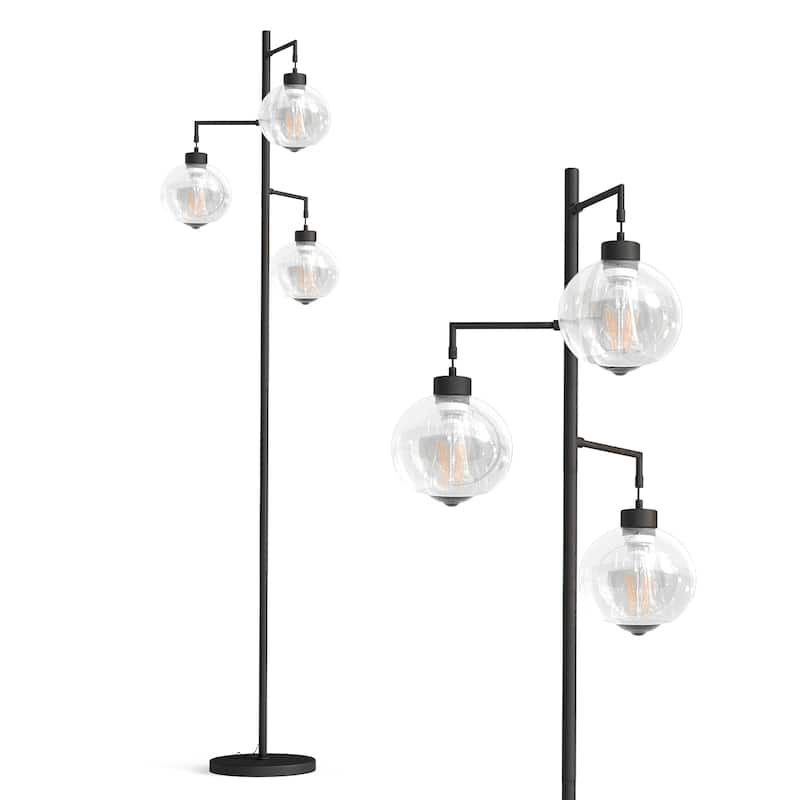 67" Tree-Shaped Living Room Floor Lamp with 3 Lights, Glass Lampshade and Foot Switch