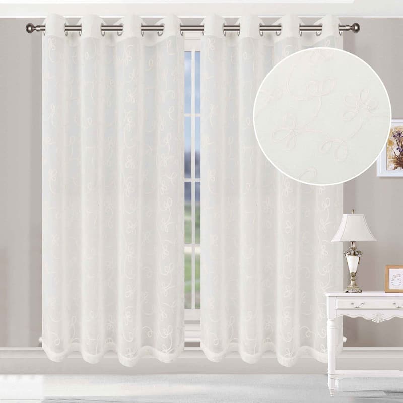 Superior Bohemian Floral Scroll Sheer Curtain Set with 2 Panels - 42" X 84" - Ivory