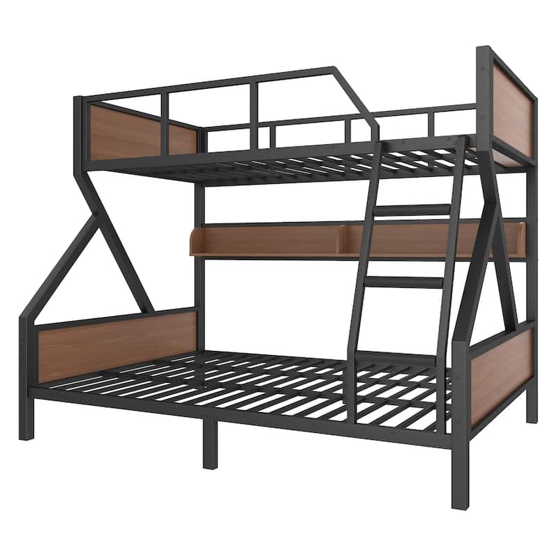 Queen over King/Queen over Full Metal Bunk Bed with Storage Shelves & Lights