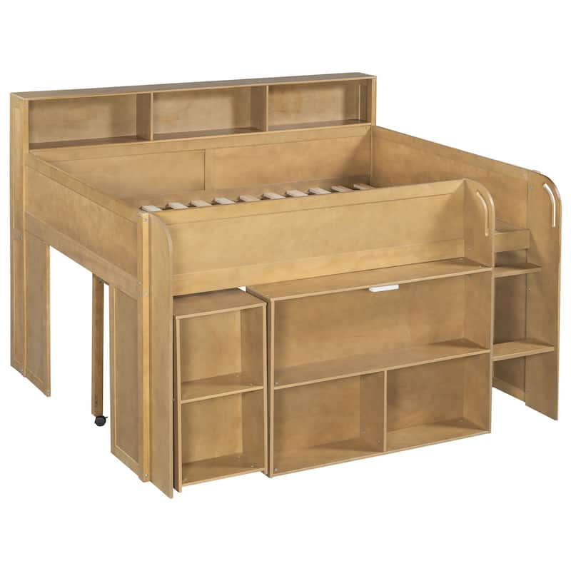 Full Size Wood Kids Loft Bed Frame with Pull-out Desk, Multiple Storage Bookshelf Built-in LED