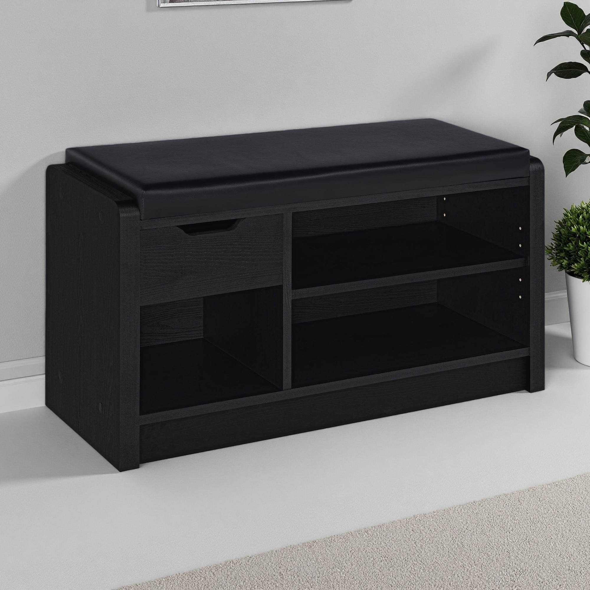 31.5"L Storage Bench with Foam Cushion, Faux Leather Upholstery, Adjustable Shelf & Pull-Out Drawer, Engineered Wood Frame