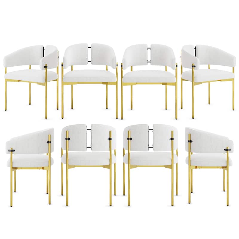 Classic and Luxurious Barrel Dining Chairs with Arms - Set of 8 - Polished Gold And White