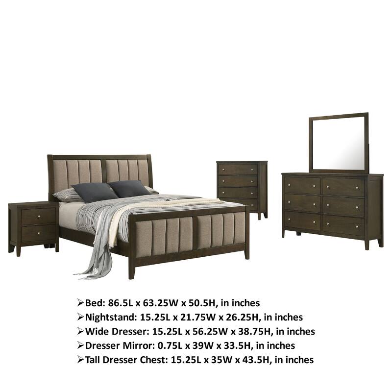 WIly 5 Piece Queen Bedroom Set, Dark Brown, Beige Upholstery, Nickel