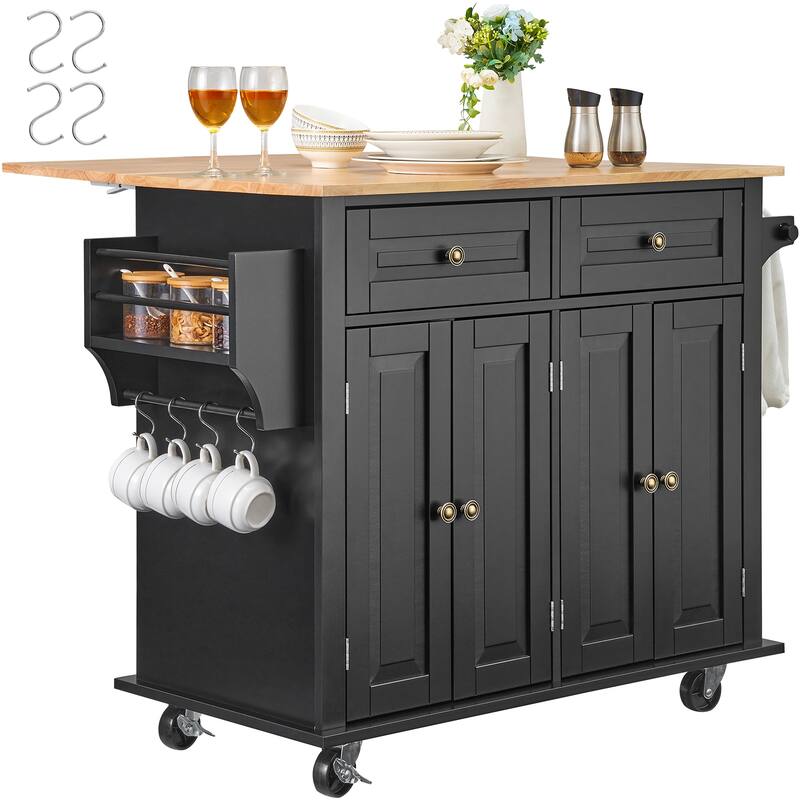 Kitchen Island Cart Rolling Storage Cabinet on Wheel with Drop Leaf, Drawer & Shelves