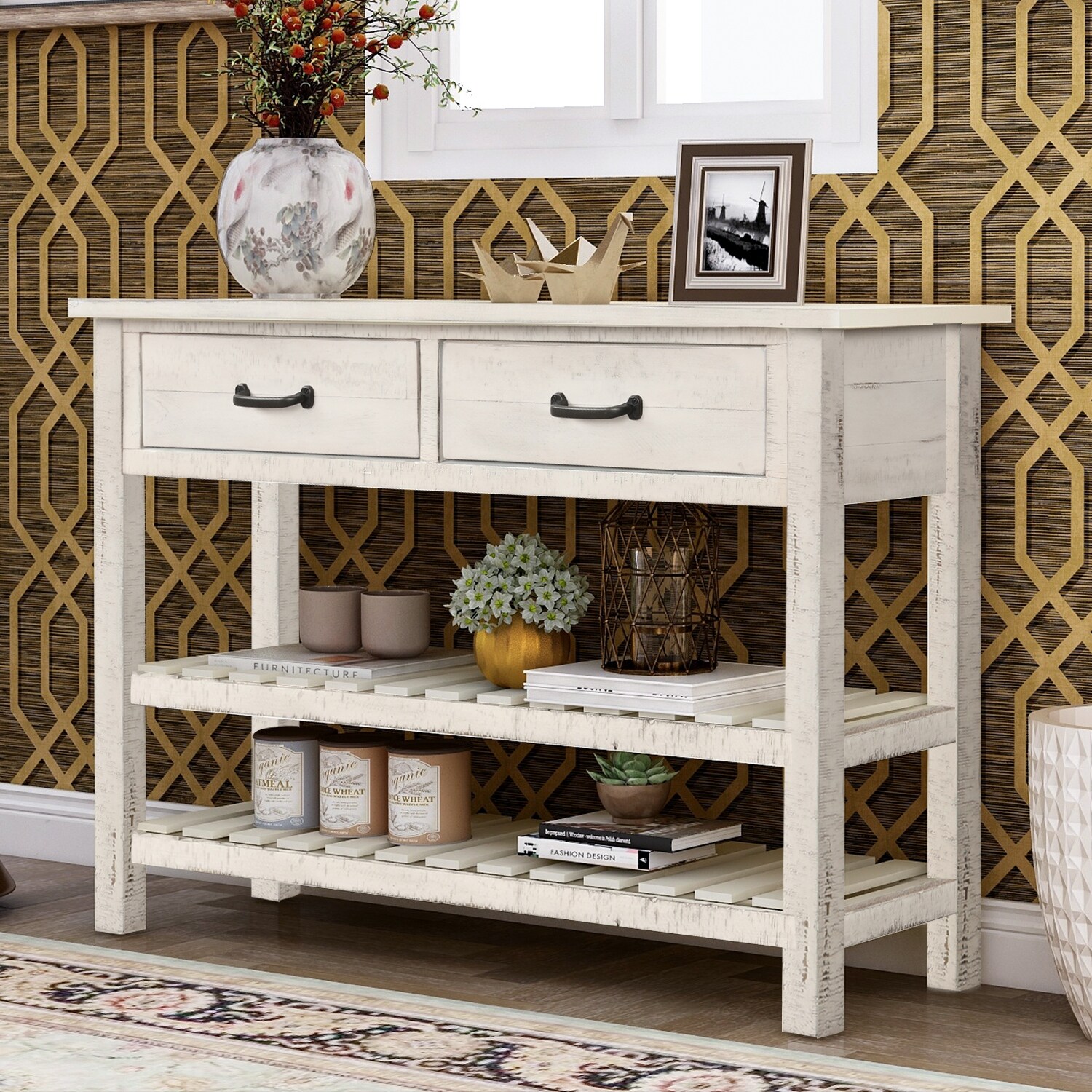 Retro Console Table For Entryway With Drawers And Shelf Living Room Furniture,coffee, Console, Sofa & End Tables