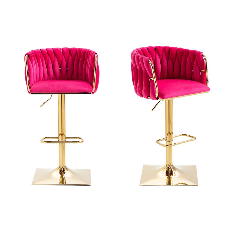 Velvet 360 Swivel Adjustable Height Lifting Vintage Bar Stools(set of 2) with Footrest - Rose Red