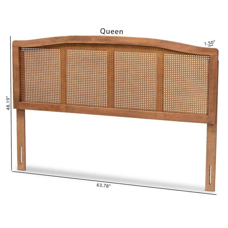 Mid-Century Modern Ash Walnut Wood and Synthetic Rattan King Size Headboard with Natural Woven Accents