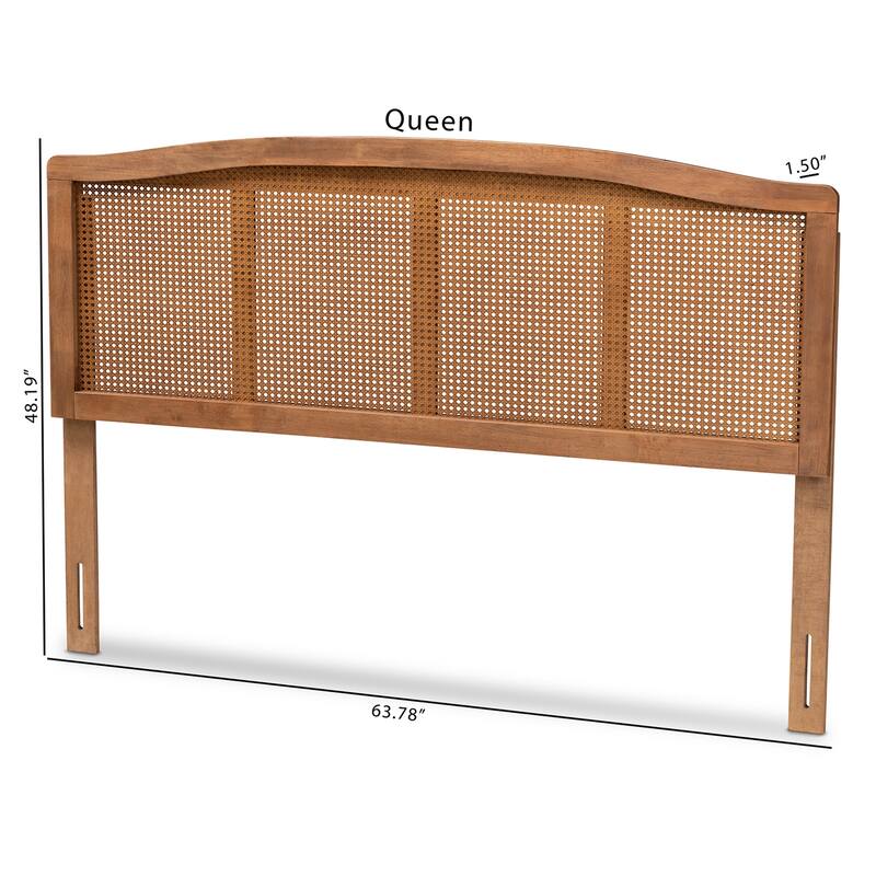 Mid-Century Modern Ash Walnut Wood and Synthetic Rattan Queen Size Headboard with Boho Coastal Detailing