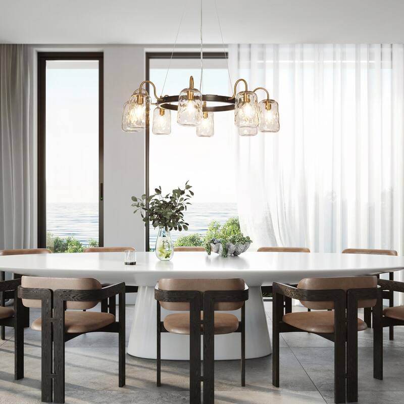 Modern 8-Light Wagon Wheel Chandelier with Textured Glass Shade for Dining Living Room - D32.7" x H68.5" Max