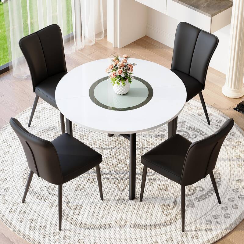 5 Piece Dining Table Set with 42 Inch Round Top Glass Insert and 6 PU Chairs Striped Backrest