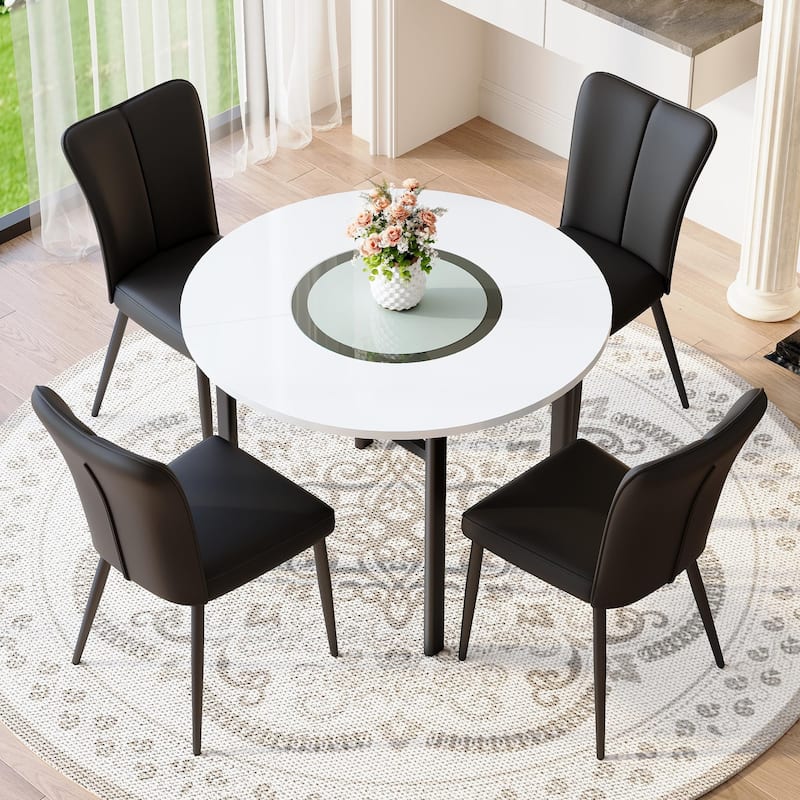 5-Piece Round Dining Table Set, 42" Kitchen Table and Chairs Set for 4 with Lower Storage Shelf