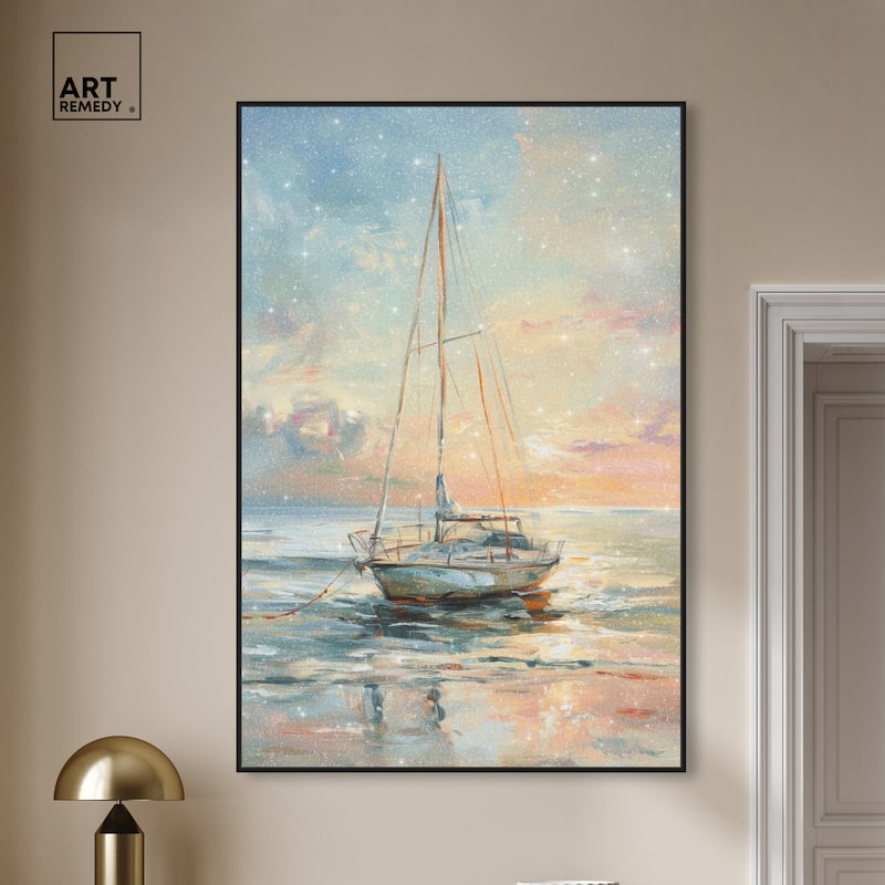 Art Remedy Boat On The Shore Framed Sailing 1 Piece Canvas Wall Art