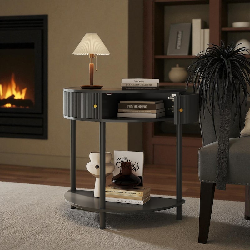 31.5" Half Moon Console Table with 3D Wave Pattern, 2 Drawers and Bottom Shelf, Artisan-Crafted Entryway Accent Table